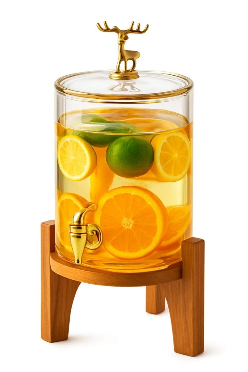 RAINCART Glass Drink Dispenser with Tap, Beverage Jug | Party Drink Dispenser with Wooden Stand | Suitable for Parties, Camping, Beverage Containers (3.6 L) - Image 1