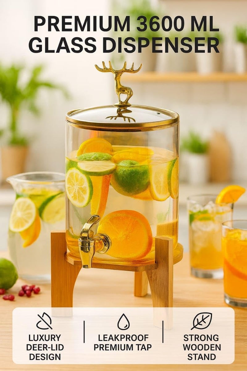 RAINCART Glass Drink Dispenser with Tap, Beverage Jug | Party Drink Dispenser with Wooden Stand | Suitable for Parties, Camping, Beverage Containers (3.6 L) - Image 2