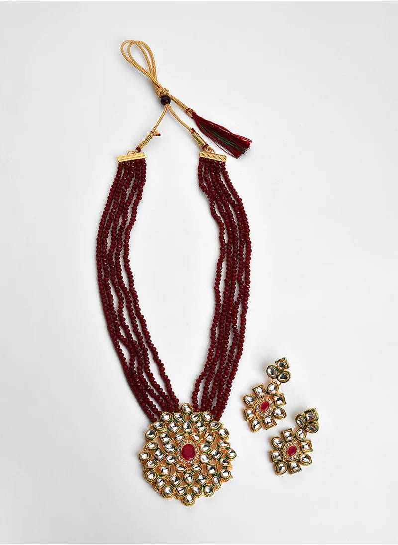 سوهي White & Maroon Stone-Studded & Beaded Jewellery Set