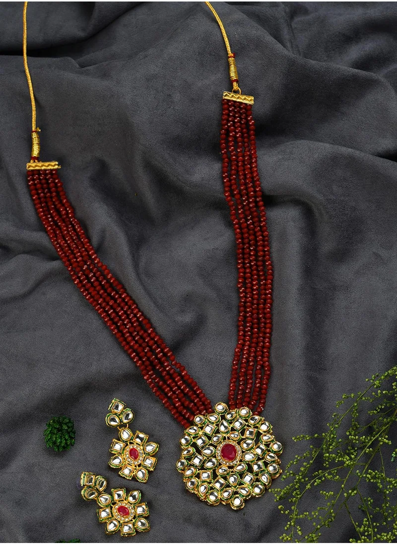 SOHI White & Maroon Stone-Studded & Beaded Jewellery Set