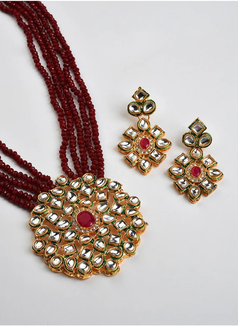 SOHI White & Maroon Stone-Studded & Beaded Jewellery Set