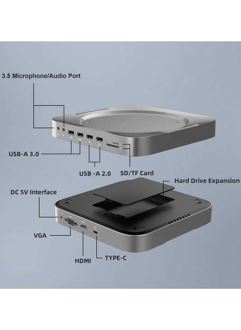 Rocketek - 2-in-1 Docking Station with Hard Drive Enclosure, Compatible with Apple Mac Mini Base Expansion Dock Hub, Built-in 2.5-Inch SATA Interface, Supports 2TB, HDMI/VGA 4K@30Hz, USB 3.0/2.0 Ports, TF/SD Slots, Mic/Headphone Jack - Image 1