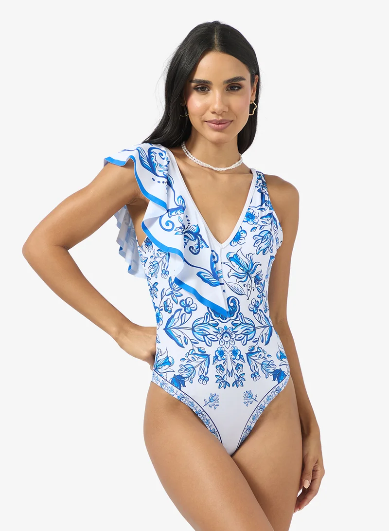 ELLA Ruffled Shoulder Printed Swimsuit