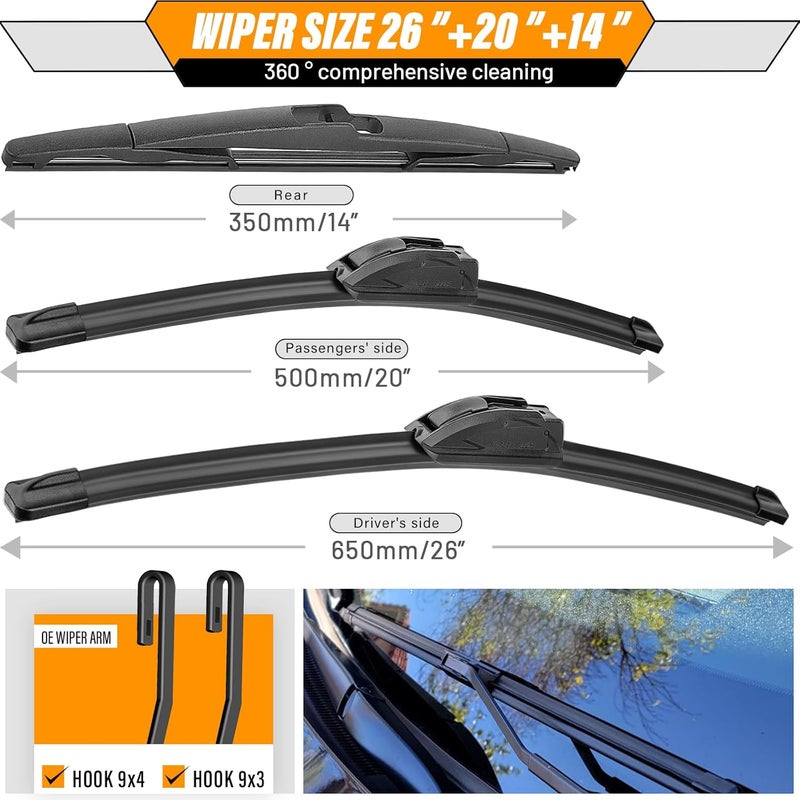 AUTOBOO 26"+20" Windshield Wipers with 14" Rear Wiper Blade Replacement for Ford Edge Lincoln MKX 2007-2015 -Original Factory Quality (Pack of 3) - Image 3