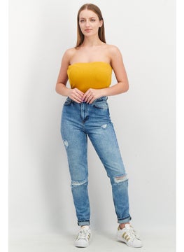 NA-KD Women Straight Across Strapless Ribbed Bodysuit, Mustard  - Image 4