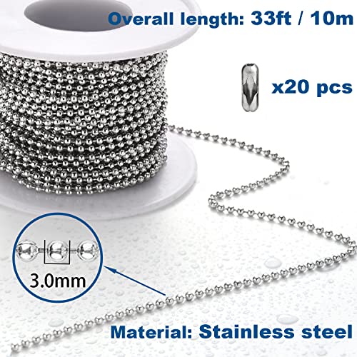 Jishi Steel Ball Chain Bead Dog Tag Chain Beaded Necklace Chains for Jewelry Making Bracelet Military Crafts, Silver Metal Pull Chain Small Ball Bead Chain Roll w/20 Connectors (Silver, 33ft 3.0mm) - Image 2