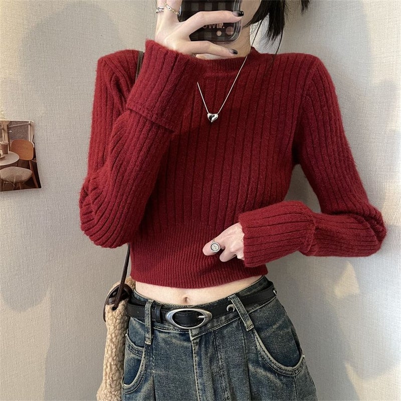 6366 # Red Sweater Spring Womens New Short Knitted Base Shirt High-Waisted Korean Chic Unique Top Khaki - Image 1