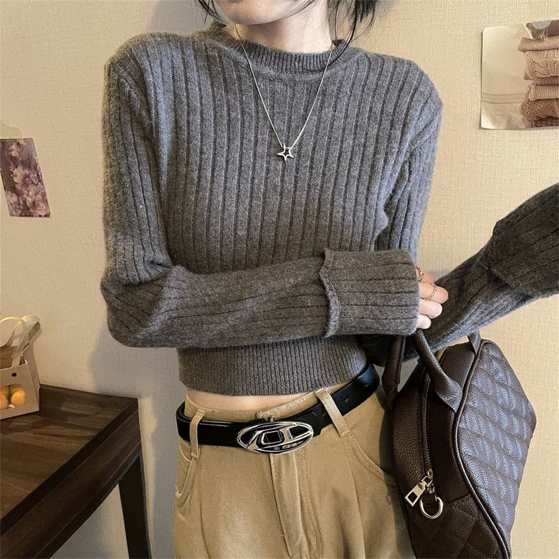 6366 # Red Sweater Spring Womens New Short Knitted Base Shirt High-Waisted Korean Chic Unique Top Khaki - Image 3