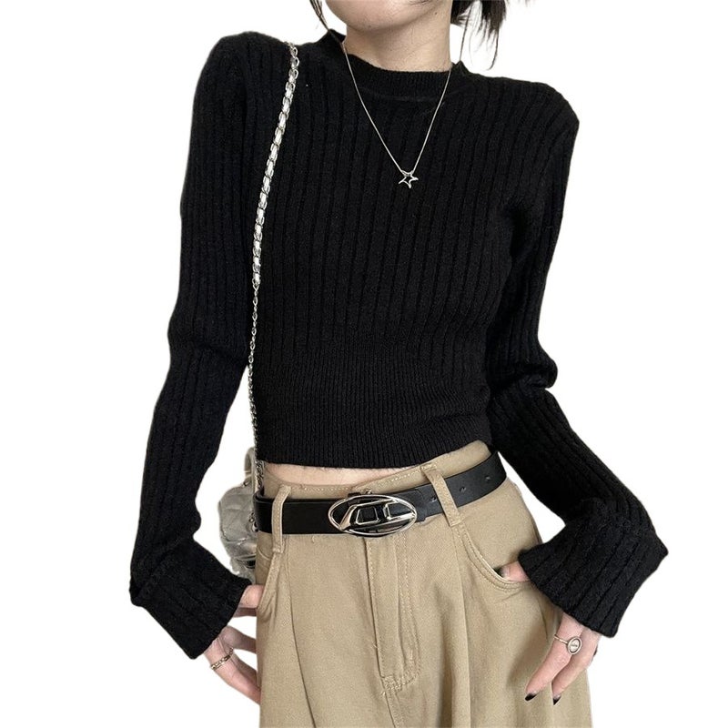6366 # Red Sweater Spring Womens New Short Knitted Base Shirt High-Waisted Korean Chic Unique Top Khaki - Image 5