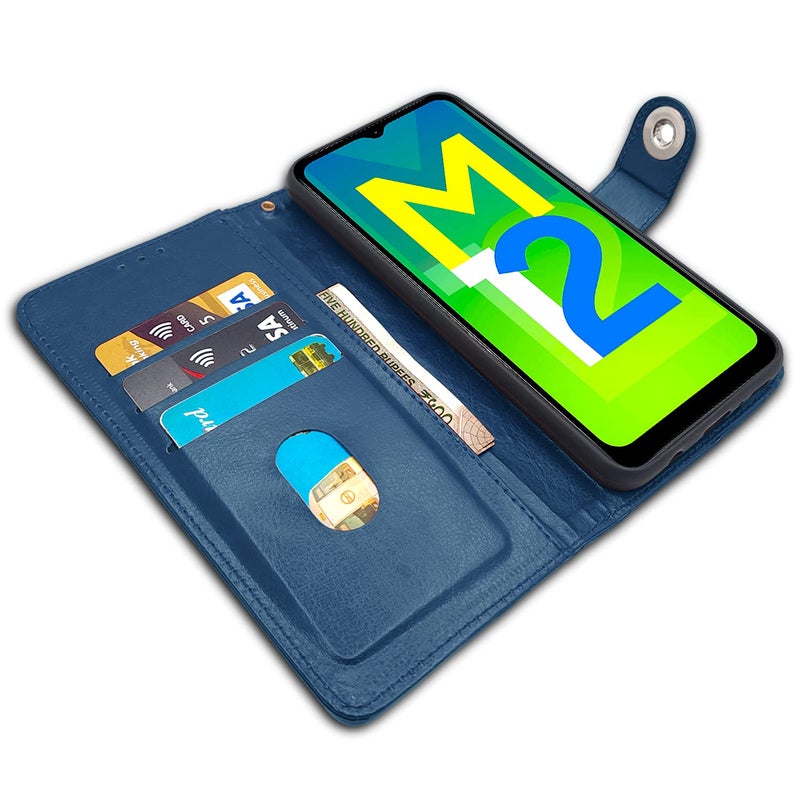Pikkme Samsung Galaxy M12 / F12 / A12 Flip Cover| PU Leather Finish | 360 Protection | Wallet & Stand | Strong Magnetic Flip Case for Samsung Galaxy M12 / F12 / A12 (Blue Button) - Image 3