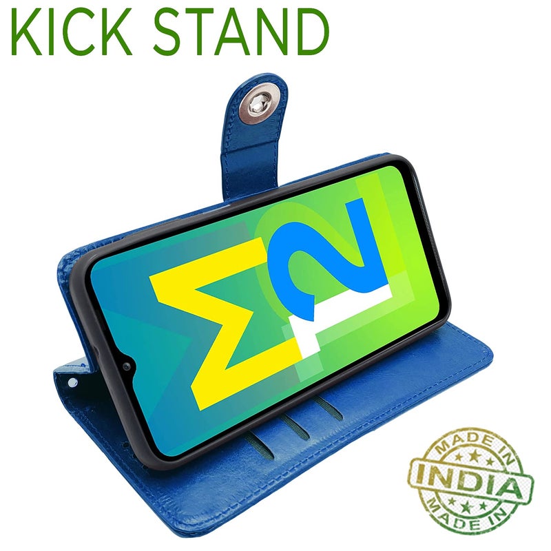 Pikkme Samsung Galaxy M12 / F12 / A12 Flip Cover| PU Leather Finish | 360 Protection | Wallet & Stand | Strong Magnetic Flip Case for Samsung Galaxy M12 / F12 / A12 (Blue Button) - Image 5