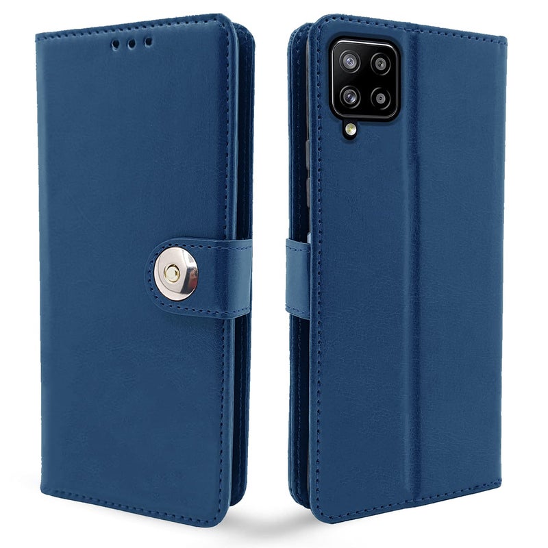 Pikkme Samsung Galaxy M12 / F12 / A12 Flip Cover| PU Leather Finish | 360 Protection | Wallet & Stand | Strong Magnetic Flip Case for Samsung Galaxy M12 / F12 / A12 (Blue Button) - Image 1