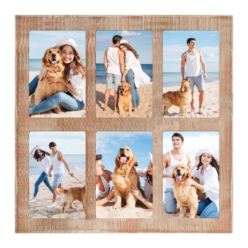 YESKAY 4x6 Picture Frame Collage,4 x 6 Multiple Photo Collage with Tempered Glass,6 Opening 4 by 6 Rustic Brown Family Picture Frames for Wall Decor 1 Pack(OD:13X13in) - Image 1