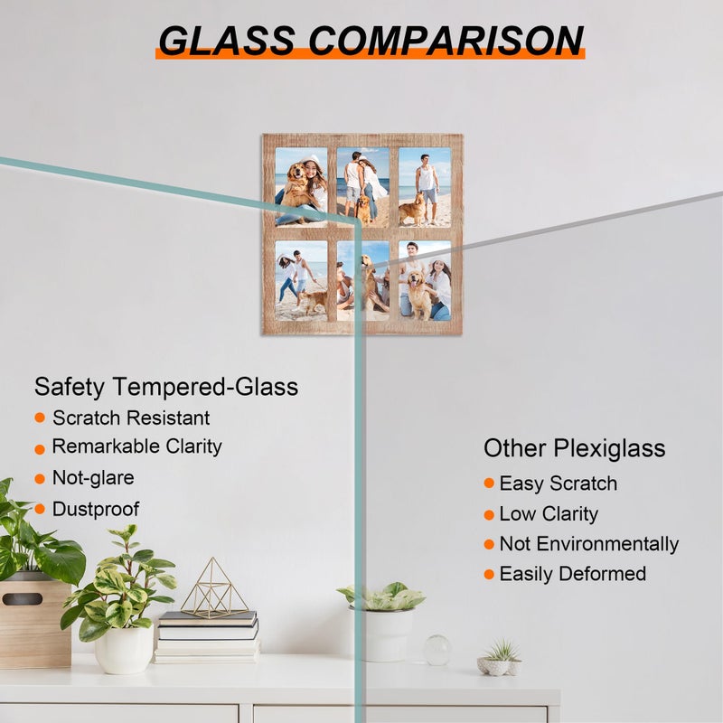 YESKAY 4x6 Picture Frame Collage,4 x 6 Multiple Photo Collage with Tempered Glass,6 Opening 4 by 6 Rustic Brown Family Picture Frames for Wall Decor 1 Pack(OD:13X13in) - Image 5