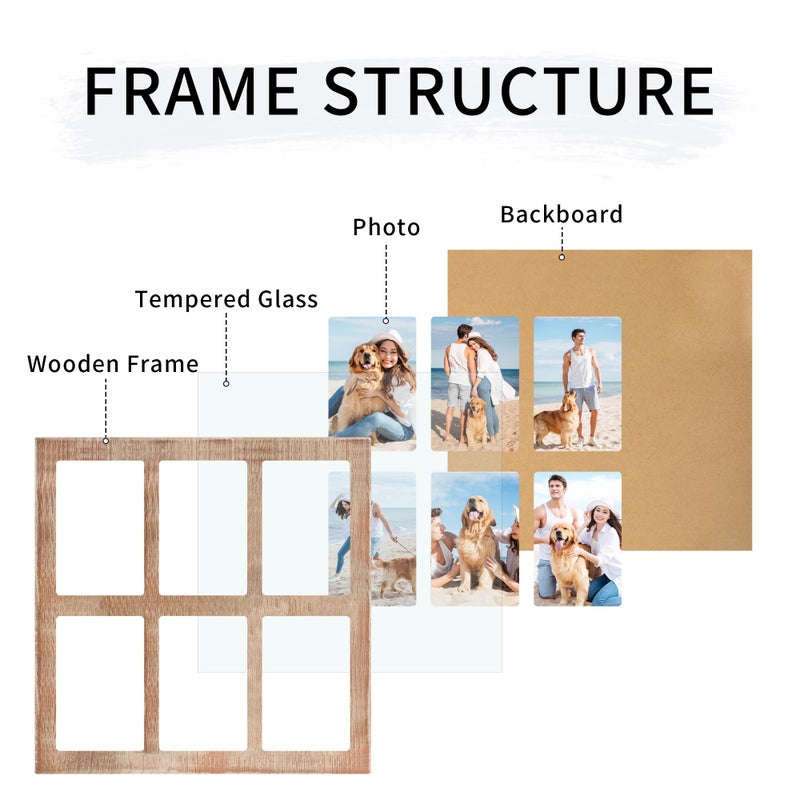 YESKAY 4x6 Picture Frame Collage,4 x 6 Multiple Photo Collage with Tempered Glass,6 Opening 4 by 6 Rustic Brown Family Picture Frames for Wall Decor 1 Pack(OD:13X13in) - Image 3