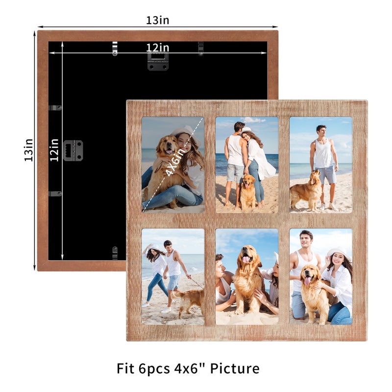 YESKAY 4x6 Picture Frame Collage,4 x 6 Multiple Photo Collage with Tempered Glass,6 Opening 4 by 6 Rustic Brown Family Picture Frames for Wall Decor 1 Pack(OD:13X13in) - Image 2