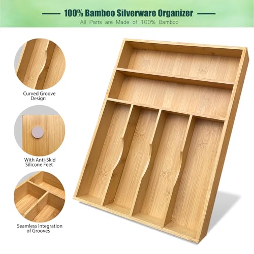 guiogc Bamboo Kitchen Drawer Organizer, 11.6" W x 17" H Silverware Utensil Tray Holder, Wood Cutlery Tray for Silverware, Flatware, Bedroom, Organization of office supplies - Image 3