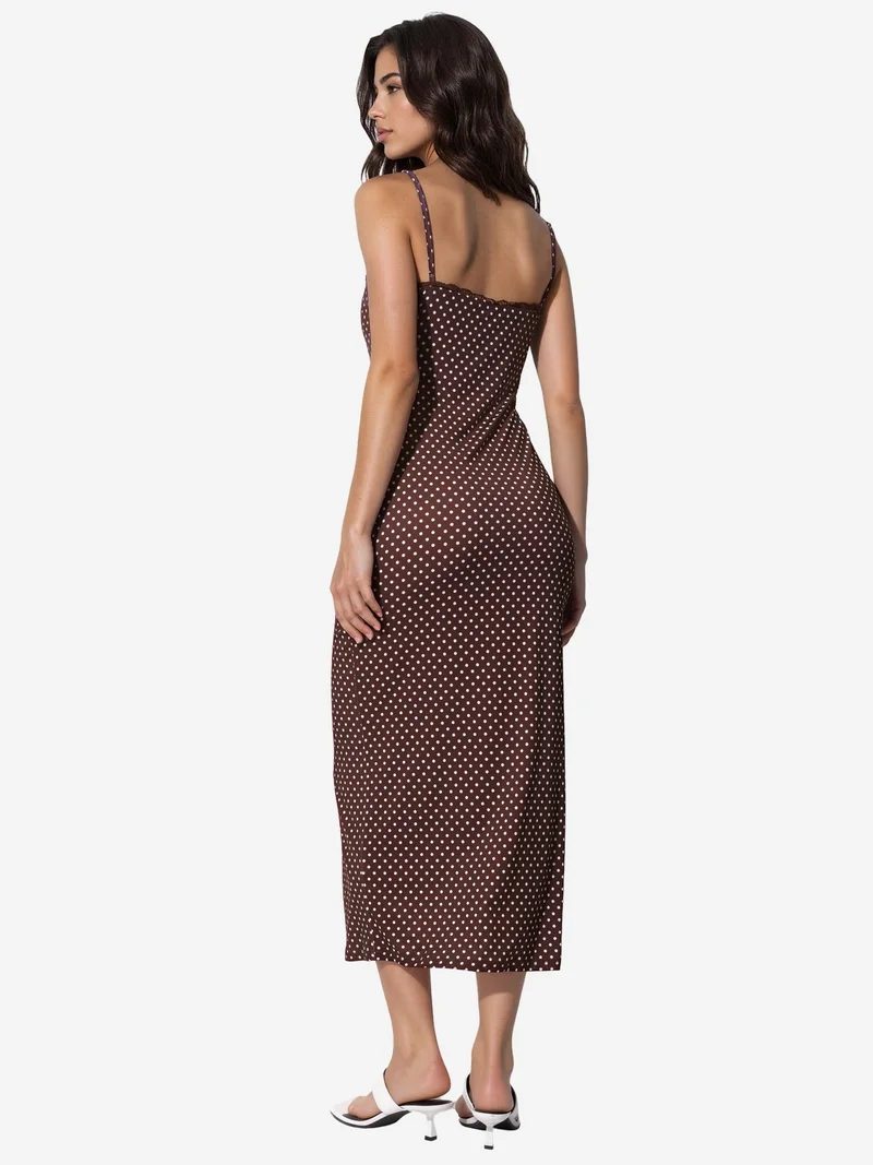 Hiccup Brown Lace Detailed Polka Dot Sandy Midi Dress for Women | Best Price UAE