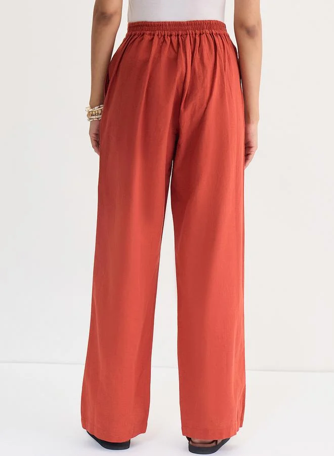 Femmella Rust Cotton Linen Straight Fit Pants