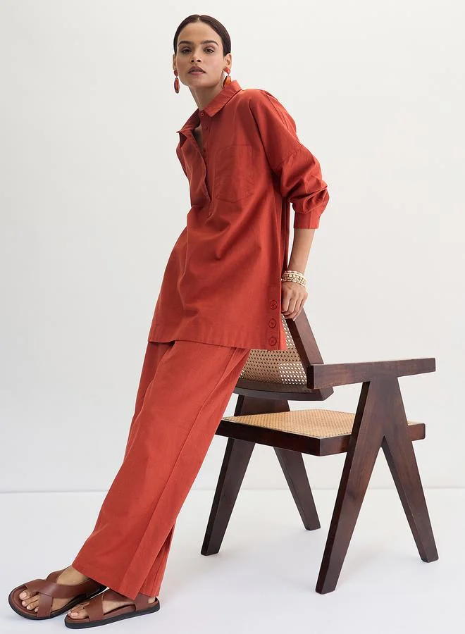 Femmella  Rust Cotton Linen Straight Fit Pants for Women | Best Price UAE