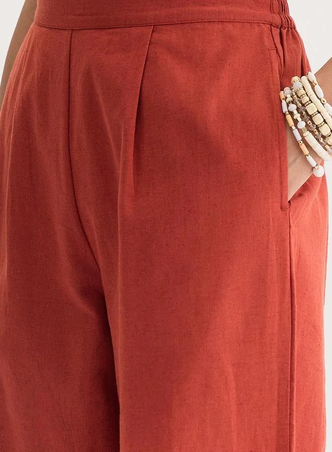 Femmella  Rust Cotton Linen Straight Fit Pants for Women | Best Price UAE