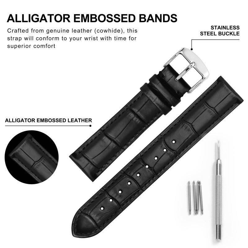 BISONSTRAP Watch Bands 20mm, Alligator Embossed Leather Watch Straps, Black with Silver Buckle - Image 4