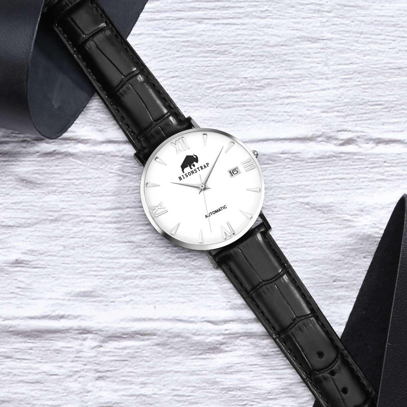 BISONSTRAP Watch Bands 20mm, Alligator Embossed Leather Watch Straps, Black with Silver Buckle - Image 2