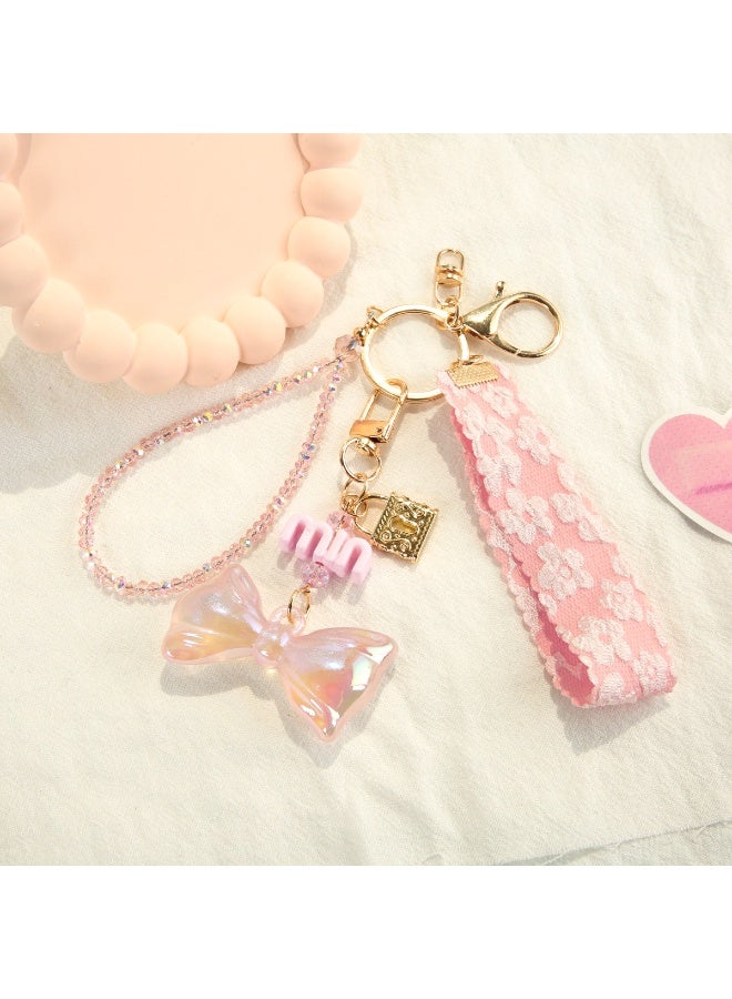 NIBEMINENT Beaded Phone Lanyard, Anti Lost Removable Wrist Strap, Girl's Heart Ribbon Bow Bracelet Pendant, Phone Keychain Lanyard