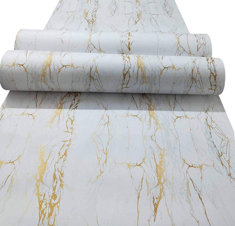 WALLTON Wall Stickers Marble (12 x 48 Inches) Jade Kitchen Counter, Cabinet Makeover, Almirah, Plastic & Wooden Tabletop, Wardrobe, PVC DIY Self Adhesive, White & Golden Marble Matte - Image 1
