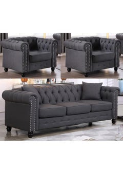 Maharat Al Bahar MAB Furnishings - 5-Seat Chesterfield Tufted Jewel-Toned Velvet Sofa with Scroll Arms, Dark Grey  - Image 1