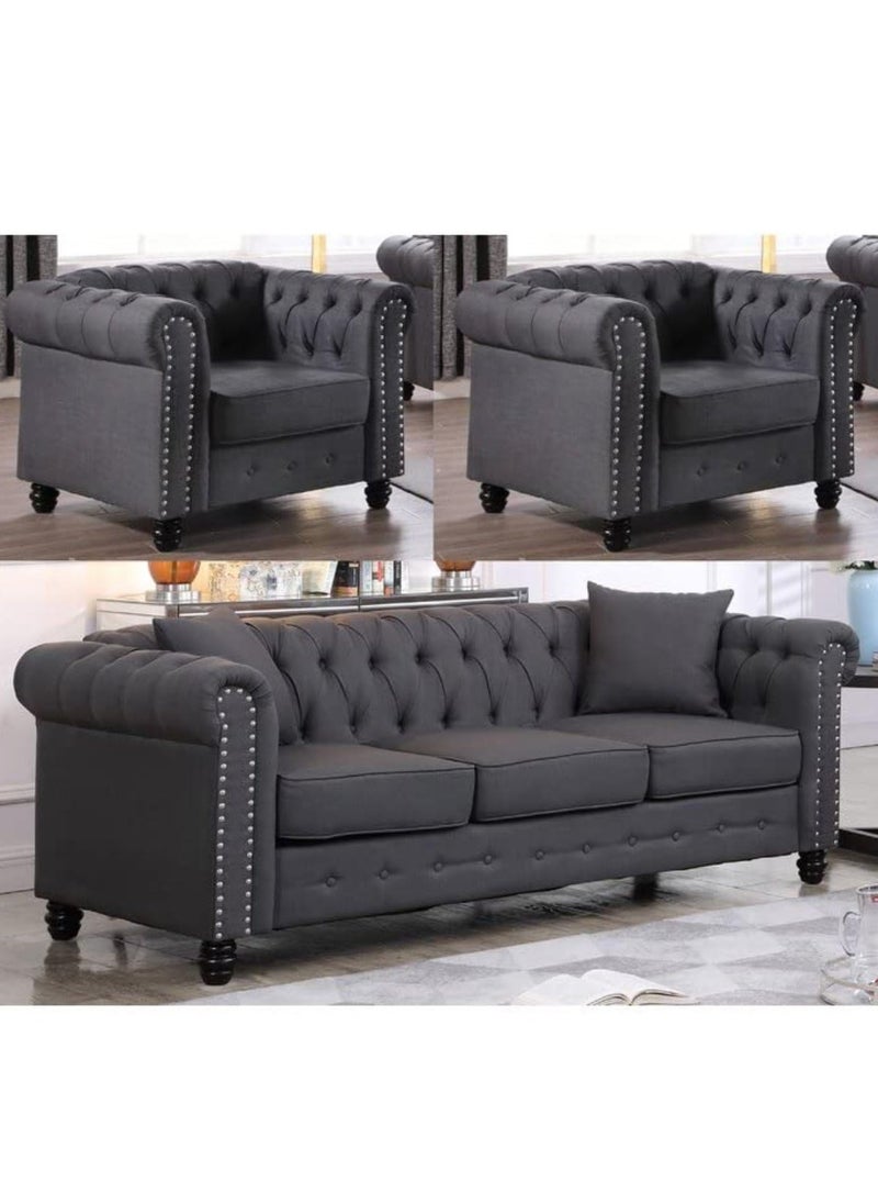 Maharat Al Bahar MAB Furnishings - 5-Seat Chesterfield Tufted Jewel-Toned Velvet Sofa with Scroll Arms, Dark Grey  - Image 1