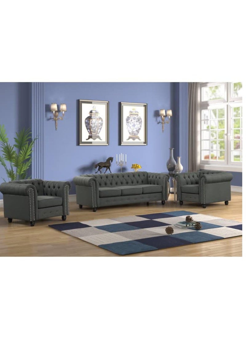 Maharat Al Bahar MAB Furnishings - 5-Seat Chesterfield Tufted Jewel-Toned Velvet Sofa with Scroll Arms, Dark Grey  - Image 2
