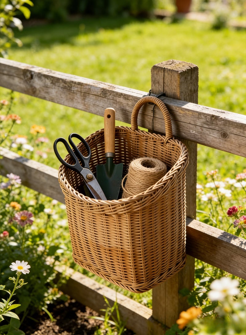 Rattan-style hanging storage basket, kitchen utensil hanging basket, small indoor wall decoration basket, portable small flower basket - Image 1