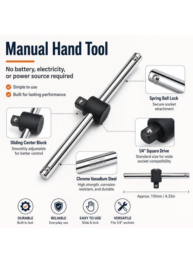 1/4 Inch Drive Sliding T Handle Socket Bar, 4.3 Inch Chrome Vanadium Steel Sliding Handle for Ratchet Sockets, Car Repair, Workshop & DIY - Image 5