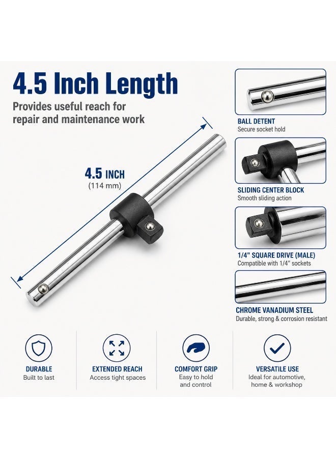 1/4 Inch Drive Sliding T Handle Socket Bar, 4.3 Inch Chrome Vanadium Steel Sliding Handle for Ratchet Sockets, Car Repair, Workshop & DIY - Image 3