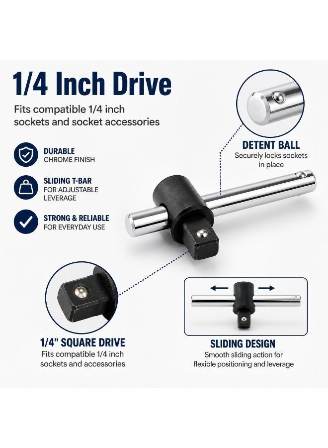 1/4 Inch Drive Sliding T Handle Socket Bar, 4.3 Inch Chrome Vanadium Steel Sliding Handle for Ratchet Sockets, Car Repair, Workshop & DIY - Image 2
