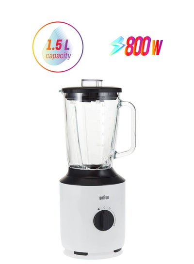 BRAUN Jug Blender, 1.5L Glass Blender, TriAction Technology Variable Speed And Pulse, 2 Mills Chopper And Grinder, Stainless Steel Blades, Thermo Resistant Glass 1.5 L 800 W ‎JB 3173 White