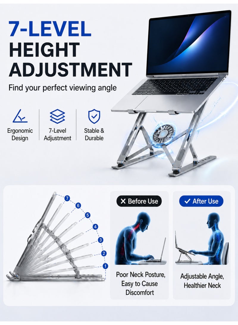 YXPRO Laptop Stand with Fan, Adjustable Aluminum Alloy Laptop Stand and Riser, Foldable Portable Laptop Holder with Cooling Fan, Computer Stand Compatible with Most Laptops, MacBook, Lenovo, HP and ASUS - Image 3