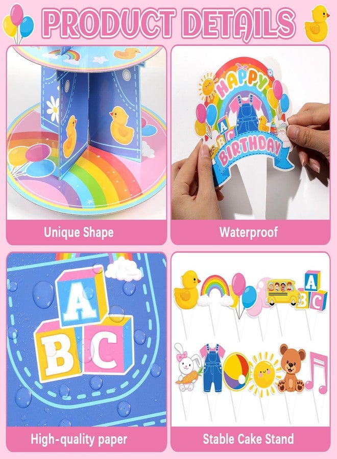 MinFyberd 3 Tier Cartoon Girls Cupcake Stand with 26 Cartoon Teacher 1st Cake Toppers English Teacher Birthday Decoration Rainbow ABC Bus Party Cake Holder Dessert Tower for Baby Shower Birthday Party Supplies - Image 3