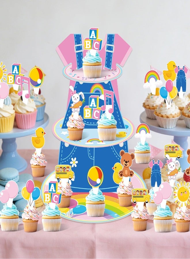 MinFyberd 3 Tier Cartoon Girls Cupcake Stand with 26 Cartoon Teacher 1st Cake Toppers English Teacher Birthday Decoration Rainbow ABC Bus Party Cake Holder Dessert Tower for Baby Shower Birthday Party Supplies - Image 5