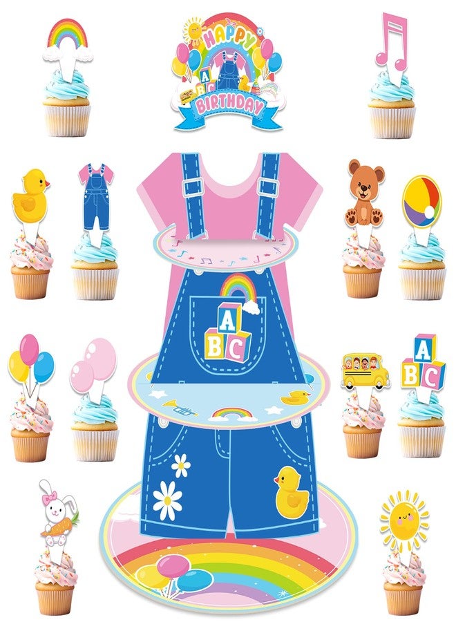 MinFyberd 3 Tier Cartoon Girls Cupcake Stand with 26 Cartoon Teacher 1st Cake Toppers English Teacher Birthday Decoration Rainbow ABC Bus Party Cake Holder Dessert Tower for Baby Shower Birthday Party Supplies - Image 1