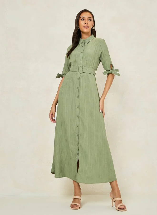 Styli Textured Belted Shirt Maxi Dress