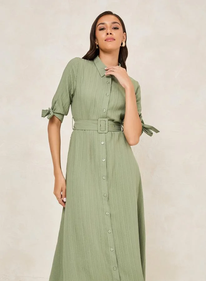 Styli Textured Belted Shirt Maxi Dress