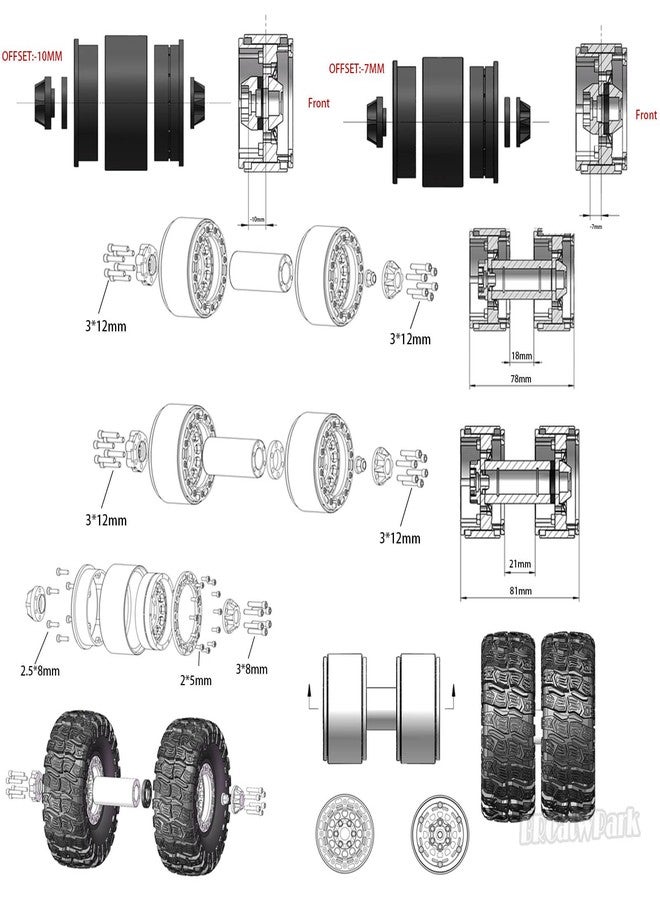 جنوط وإطارات RC 1.9 Beadlock مع إزاحة قابلة للتعديل لسيارات الزحف RC بمقياس 1/10 SCX10 TRX4 TRX6 Gen7/8 D90 VS4-10 MST CFX، BRCatWPark، 4 قطع من الجنوط المزدوجة المصنوعة من الألومنيوم والإطارات المطاطية مع إسفنج، تيتانيوم - Image 4
