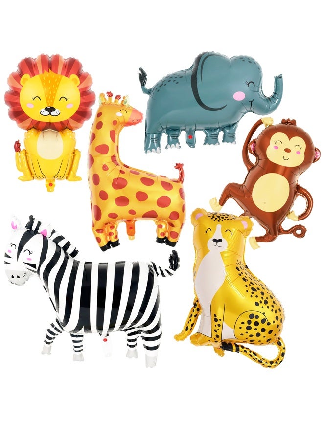 6 Pcs Safari Balloons,Jungle Safari Animals Foil Balloons,Giant Zoo Animal Balloon Zebra Elephant Monkey Lion Giraffe Leopard Shaped Animal Balloon for Zoo Wildlife Theme Birthday Party Decorations - Image 1