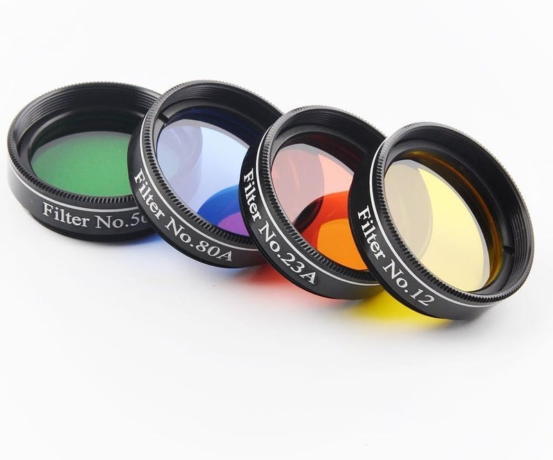 SOLOMARK 1.25 Inch 4pcs Color Filter Set for Telescope Eyepiece - No.12 Yellow, No.23 Red, No.80A Blue and No.56 Green - Image 1