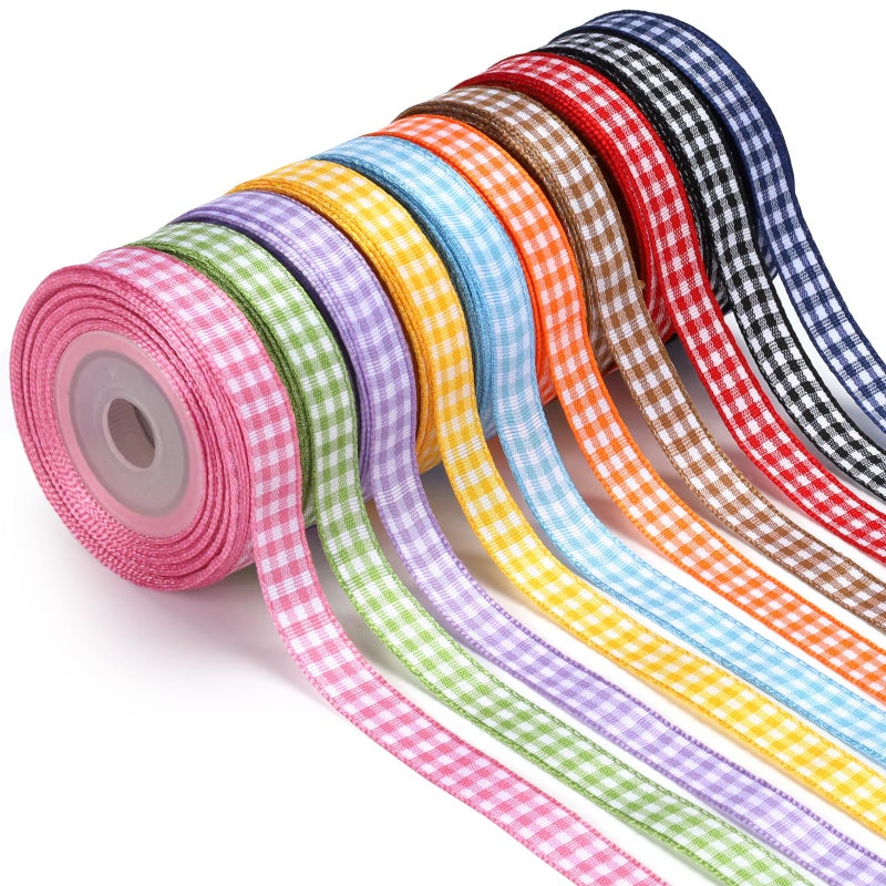 LaRibbons 10 Color 100 Yards Gingham Ribbon Variety Pack, 3/8" X 10 Yards/Roll Assorted Spring Easter Plaid Ribbon for Crafts, Gift Wrapping, Hair Bows, Birthday, Babyshower Decoration - Image 1