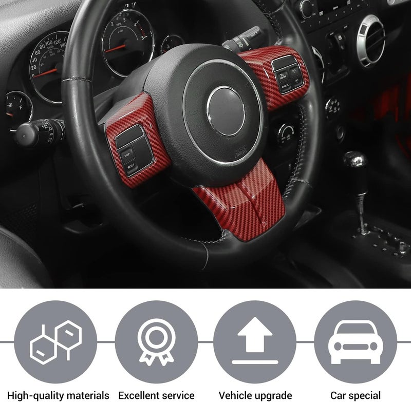 JeCar Interior Steering Wheel Decoration Trim Kits For Jeep Wrangler 2011-2017 JK & Unlimited/Patriot Compass 2011-2016 & Grand Cherokee 2011-2013, Red Carbon Fiber Finish - Image 5