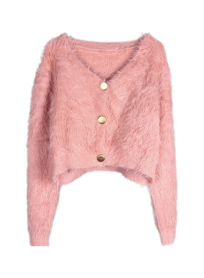 بونكا جاكيت وردى موهير قصير بازرار ذهبية لامعة للنساء والفتيات من بونكا - Image 1