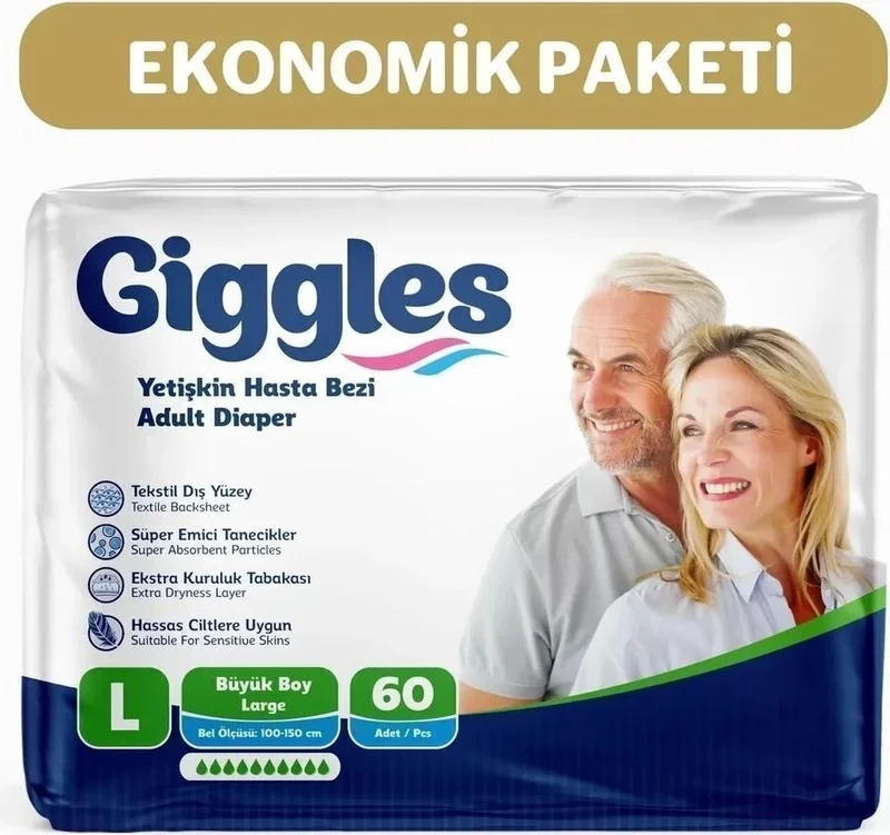 giggles Adult Waist Tie Diaper Large 30 2 Packs 60 Pieces